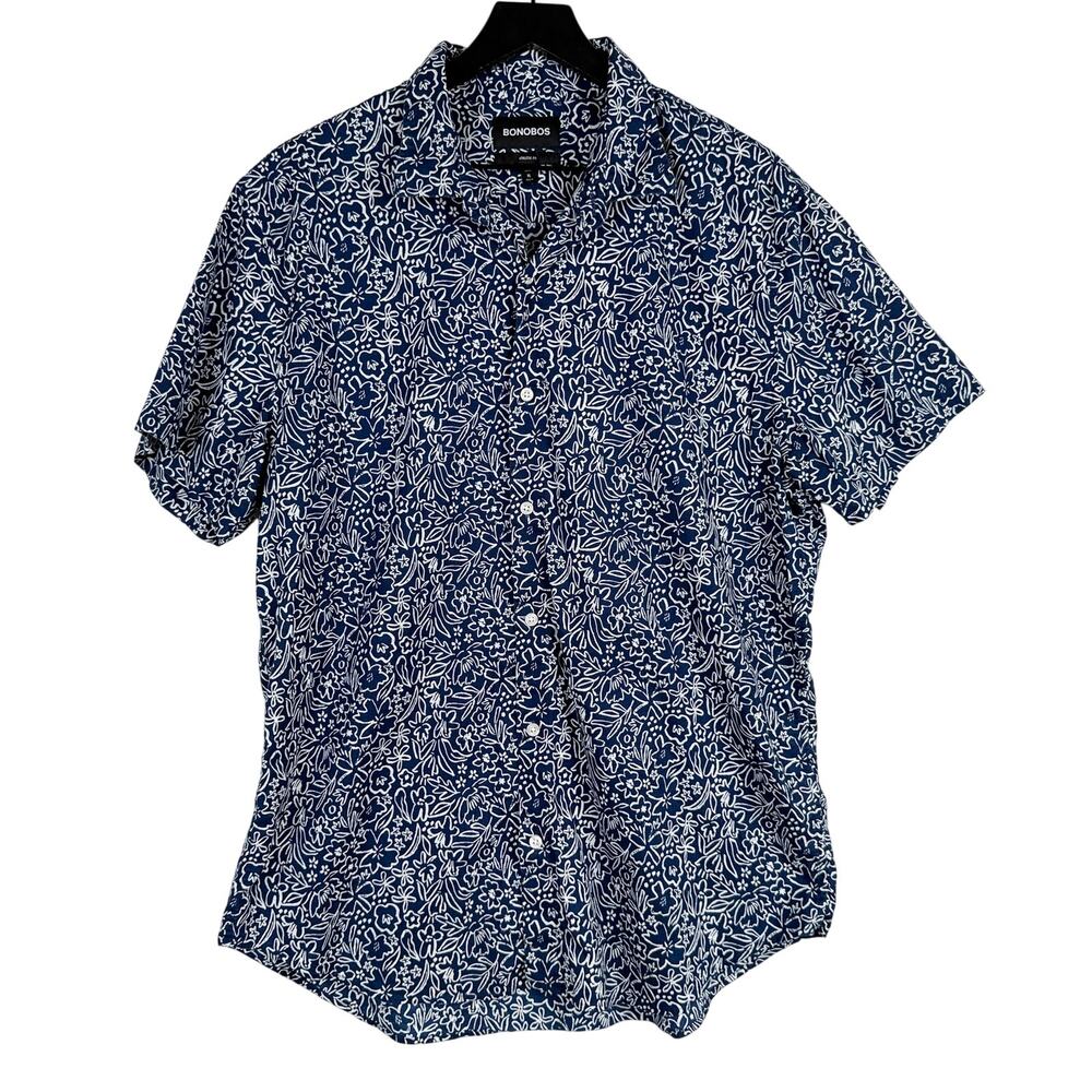 Bonobos Mens Floral Navy Blue Button Up Shirt Athletic Fit - XL Long